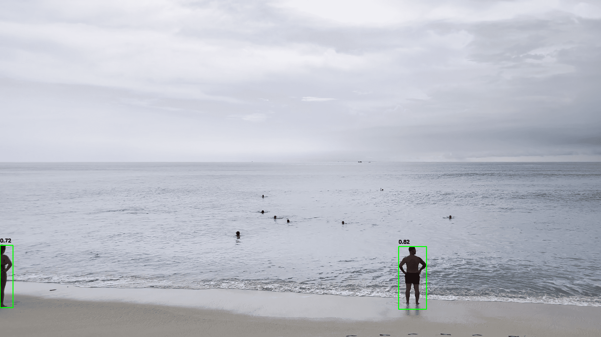 Comparison between YOLOv11 and D-FINE for swimmer detection. YOLOv11 misses several individuals, while D-FINE identifies them all.